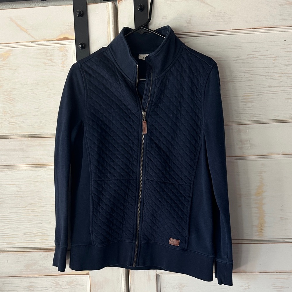 L.L. Bean Navy Quilted-Front Zip Jacket with Leather Logo Patch